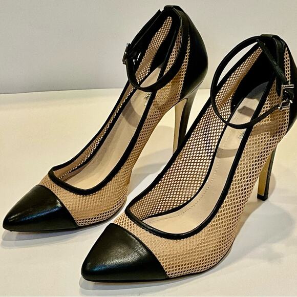 BCBG Black and Tan Heels with Ankle Strap and Glossy Toe Cap Size 10. - Picture 1 of 5